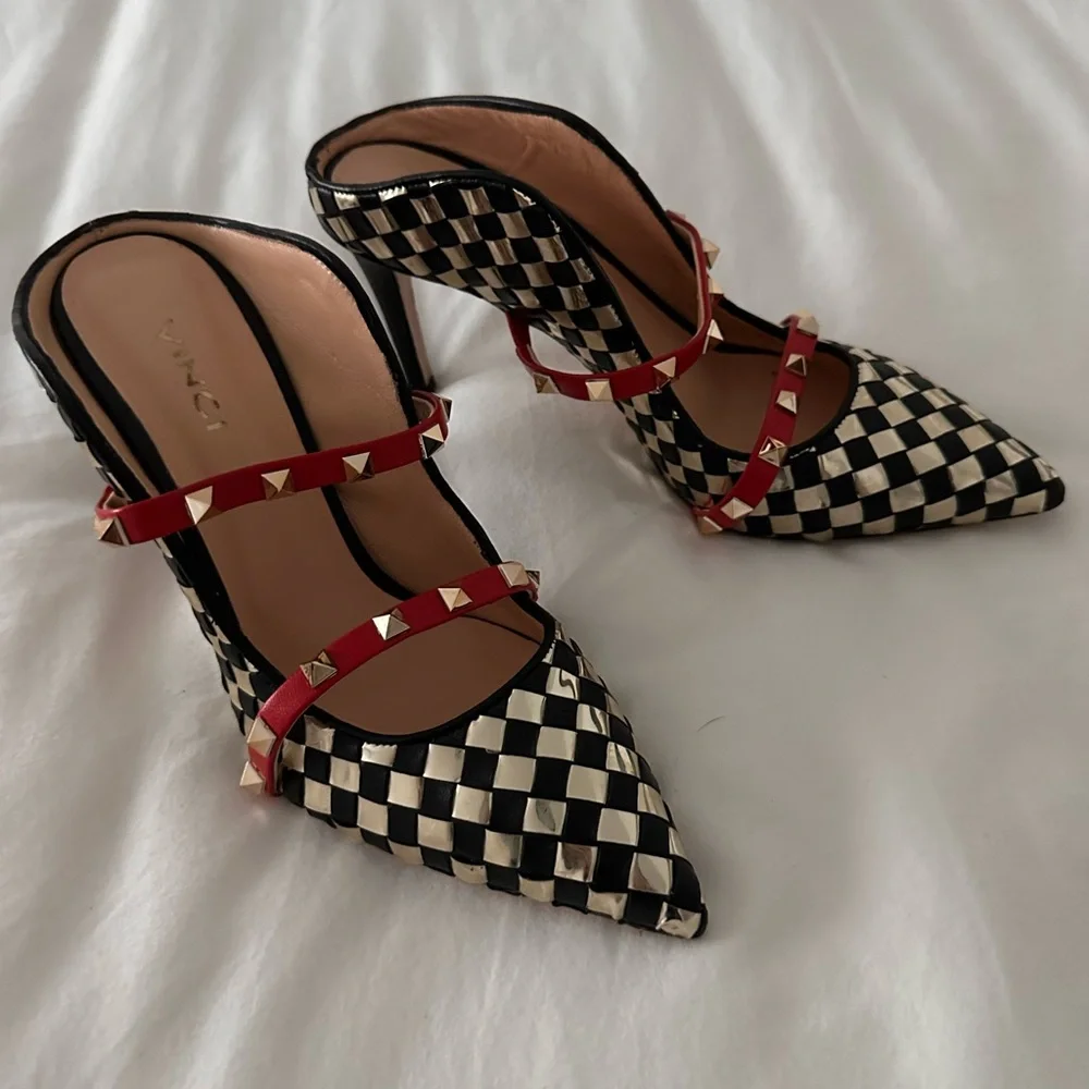 Elegant Black and Gold Checkered Heels with Red Accents